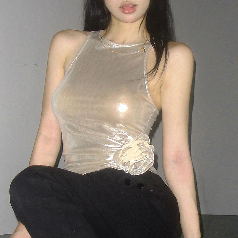 Metallic Coated Fabric Women Clothing Summer Women Clothing Solid Color Sexy Floral off Shoulder Vest for Women