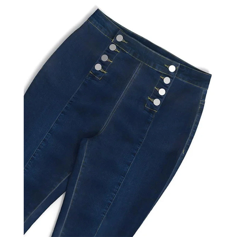 High Waist Casual Jeans Trousers Trendy Double Row Multi Button Slim Stretch Jeans Women