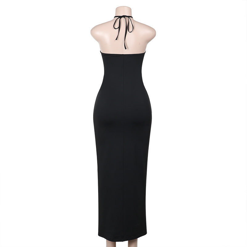 Fall Maxi Dress Elegant Halter Sling Slim Fit Hollow Out Cutout Sexy Dress