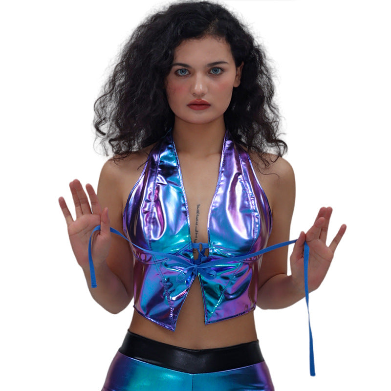 Sexy Lace up Vest Metallic Halter Sleeveless Backless Performance Clothing Carnival Party Patent Leather Clothing