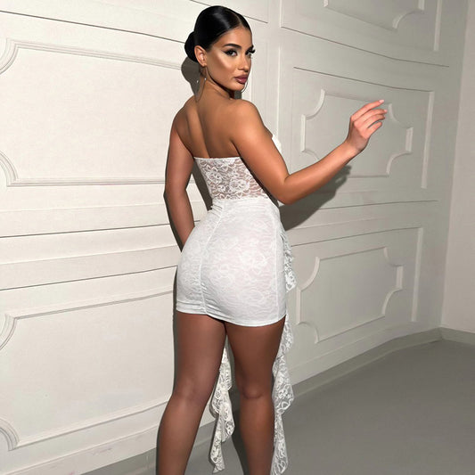 Women Clothing Sleeveless Backless Lace Ribbon Ruffled Skinny Sheath Short Dress