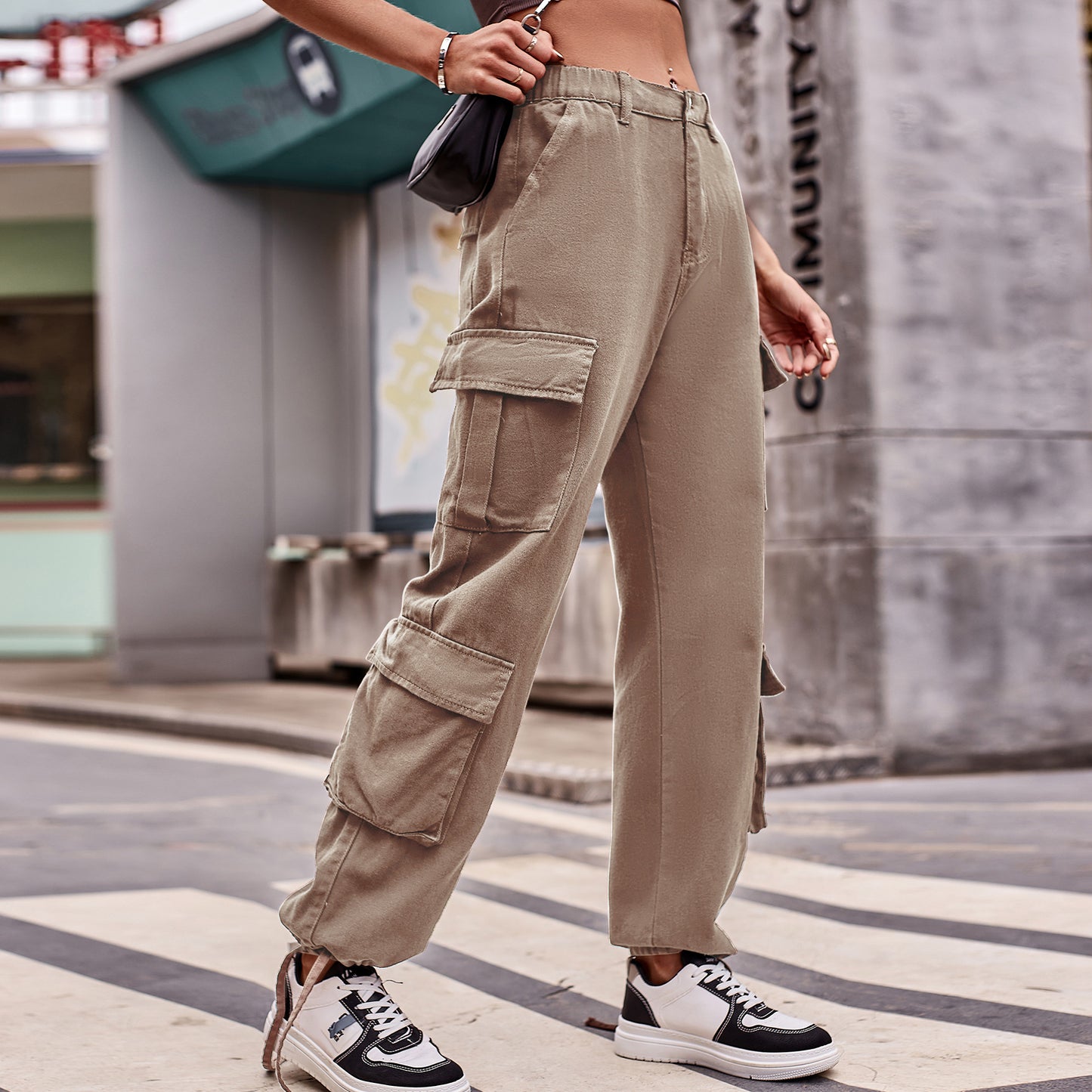 Women Loose Drawstring Design Denim Overalls Casual Sports
