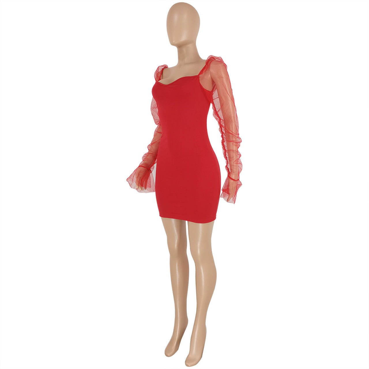 Sexy Solid Color Stitching Mesh Short Dress Women Clothing