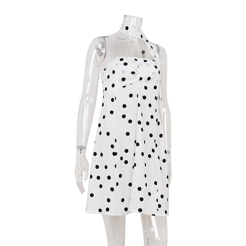 Elegant Expensive Tube Top Dress Loose Polka Dot Printed Short Dress with Scarf