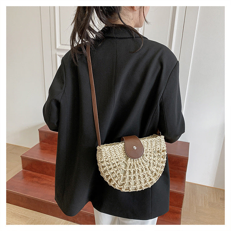Fresh Hollow Out Cutout Semicircle Straw Bag Shoulder Crossbody Casual Straw Bag Woven Bag Vacation Beach Bag