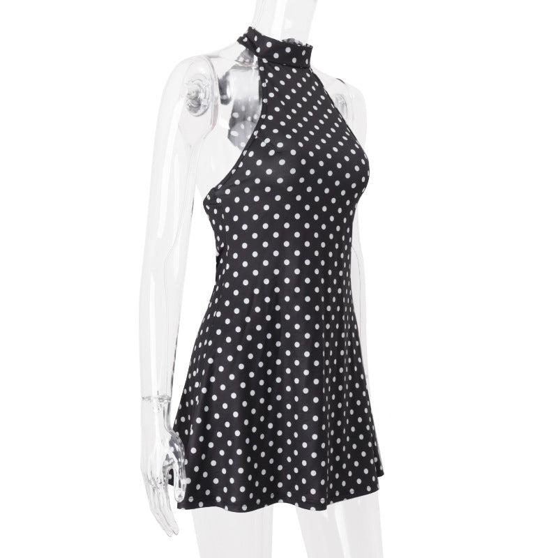 Women Clothing Summer Polka Dot Printed Sexy Backless Waist Trimming Dress