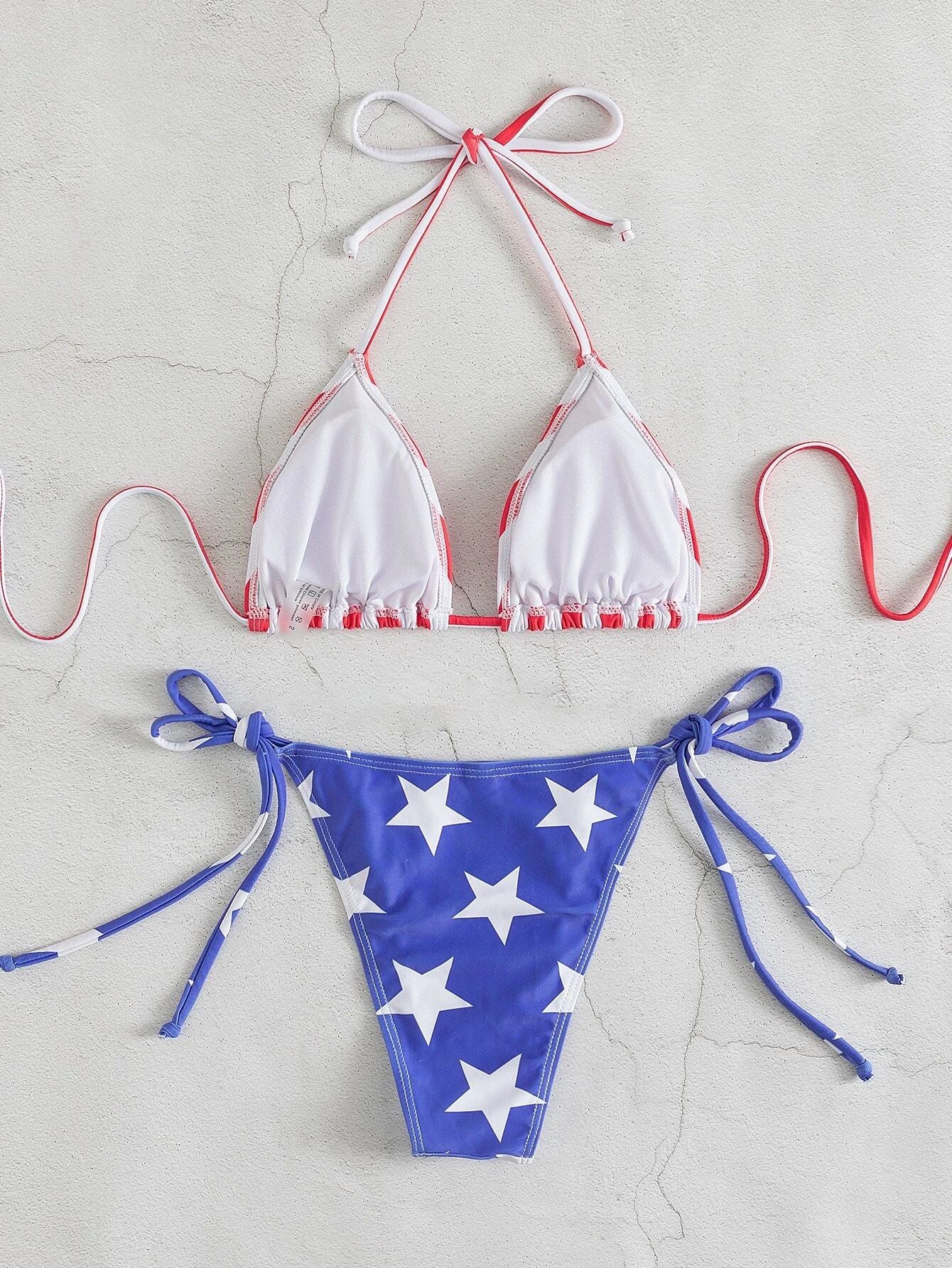 Halter Split Women Swimsuit Colored Triangle Bag Lace up Bikini