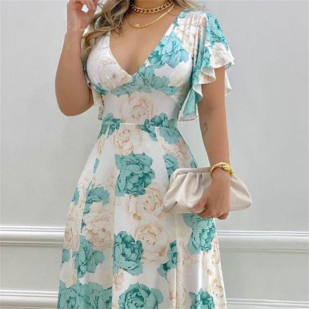 Arrival Women Clothing Summer Office V neck Waist Trimming Printing Large Swing Dress