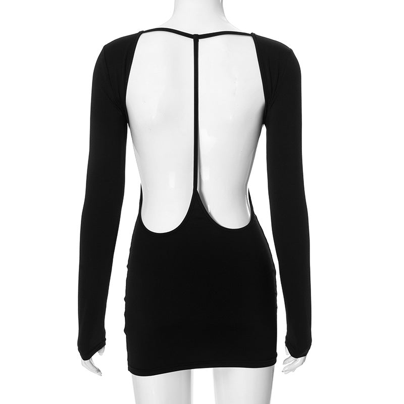 Women Clothing Summer Solid Color Round Neck Backless Slim Fit Sheath Dress