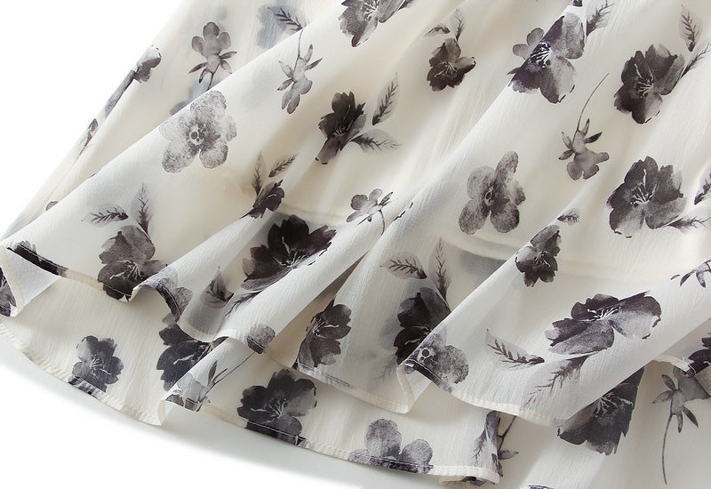 Spring Summer Women Ink Print Skirt A Line Skirt High Waist Slimming Midi Skirt