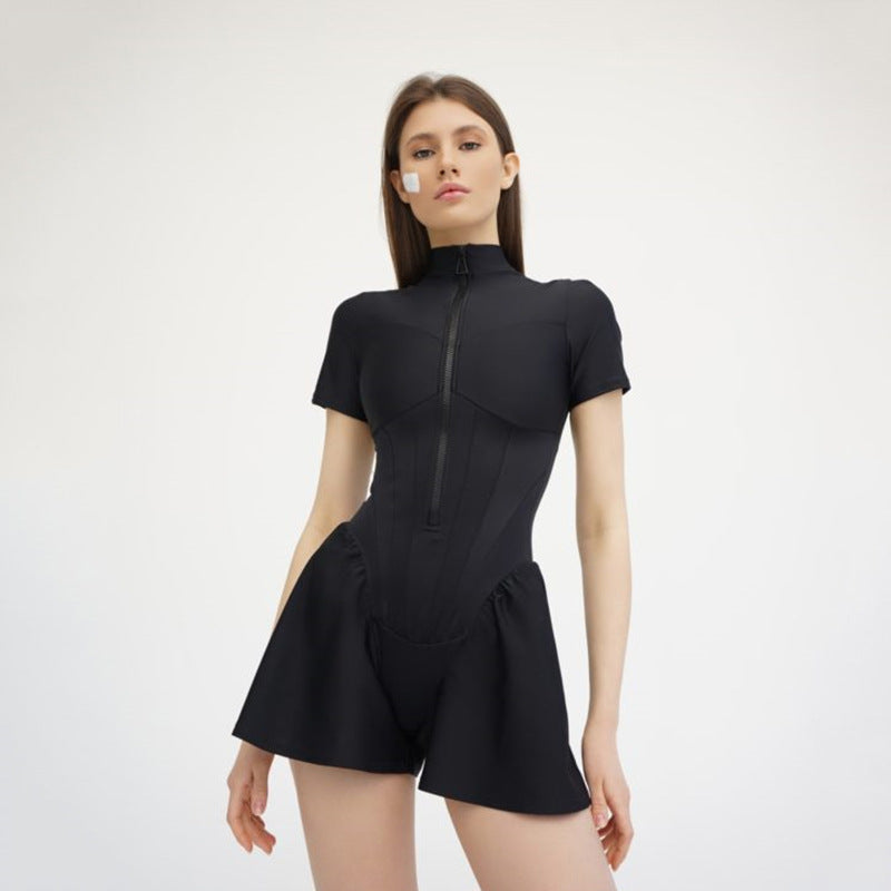 Sexy Tight Short Autumn Women round Neck Short Sleeve Zipper Bottoming Shirt Romper