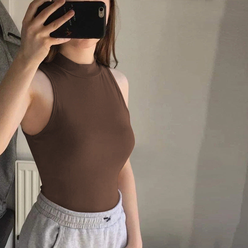 Summer New Skinny Short Sleeveless Cotton T-shirt Women Yoga Sports Inner Half-High Collar Vest