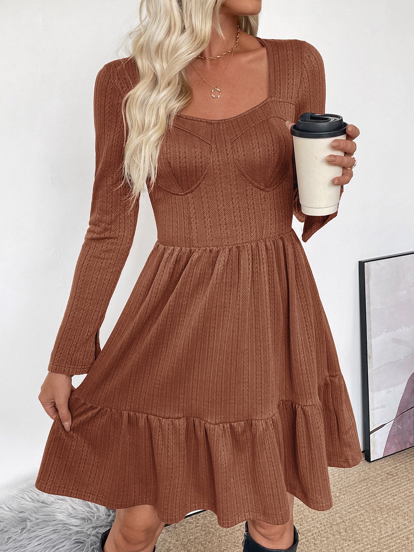 Autumn Elegant Retro Waist Trimming Knitted Solid Color Square Collar A line Dress