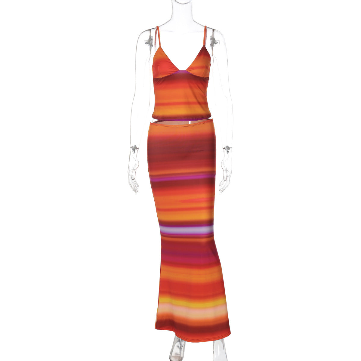 Women Clothing Summer Printing V neck Sling Vest Slim Slimming Sheath Skirt Set