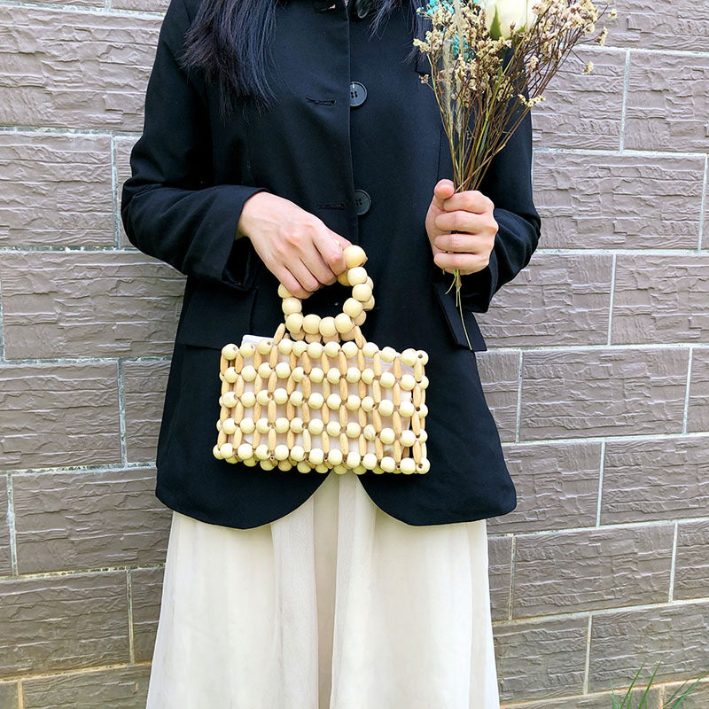 Retro Hand Woven Clutch Natural Wooden Bead Handbag Transparent Beach Cubic Bag
