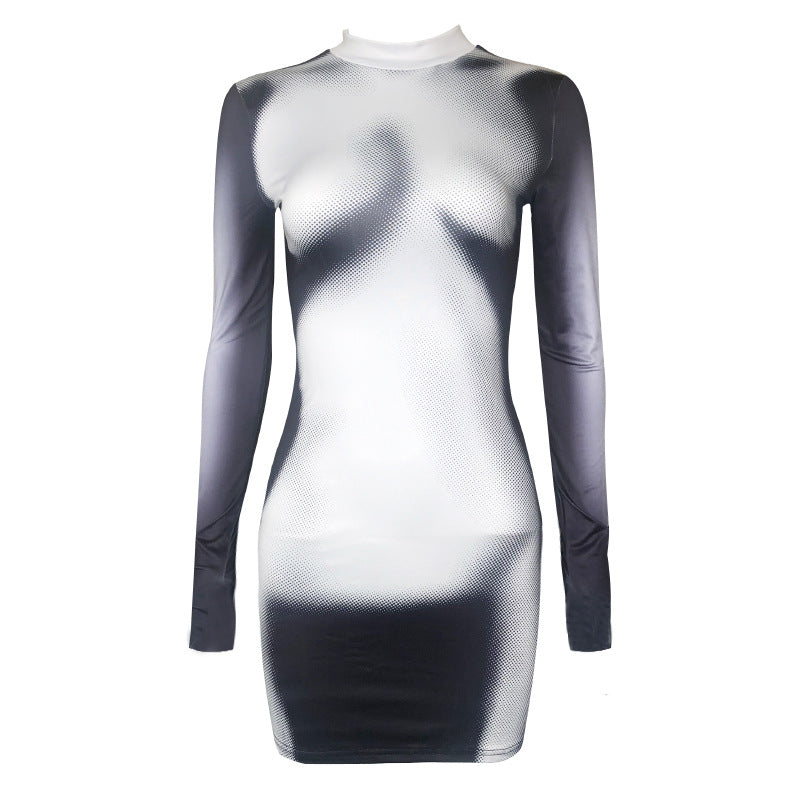 Women Clothing Spring Summer Street Half High Collar Long Sleeves Personalized Printing Dress