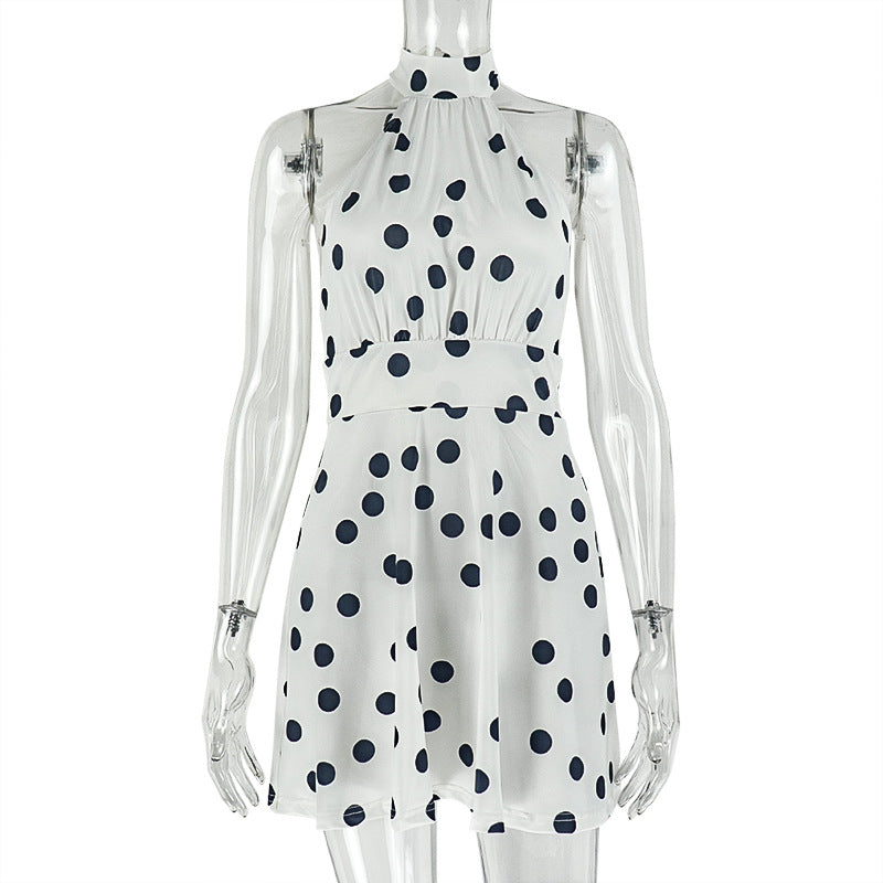 Women Wear Waist Pleated Polka Dot A line Dress Printed Halter Short Dress