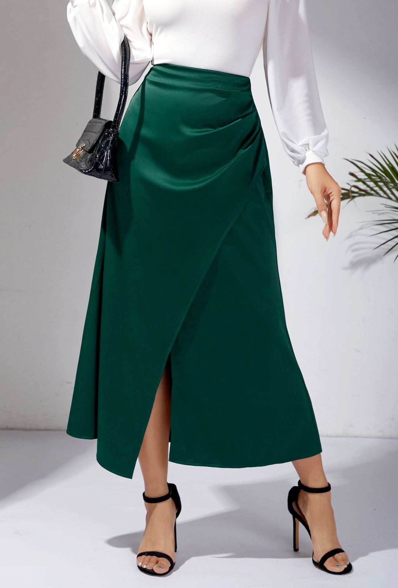 Women Clothing High Waist Satin Heap Pleated Split Dress Solid Skirt Zipper Fishtail Hip Skirt