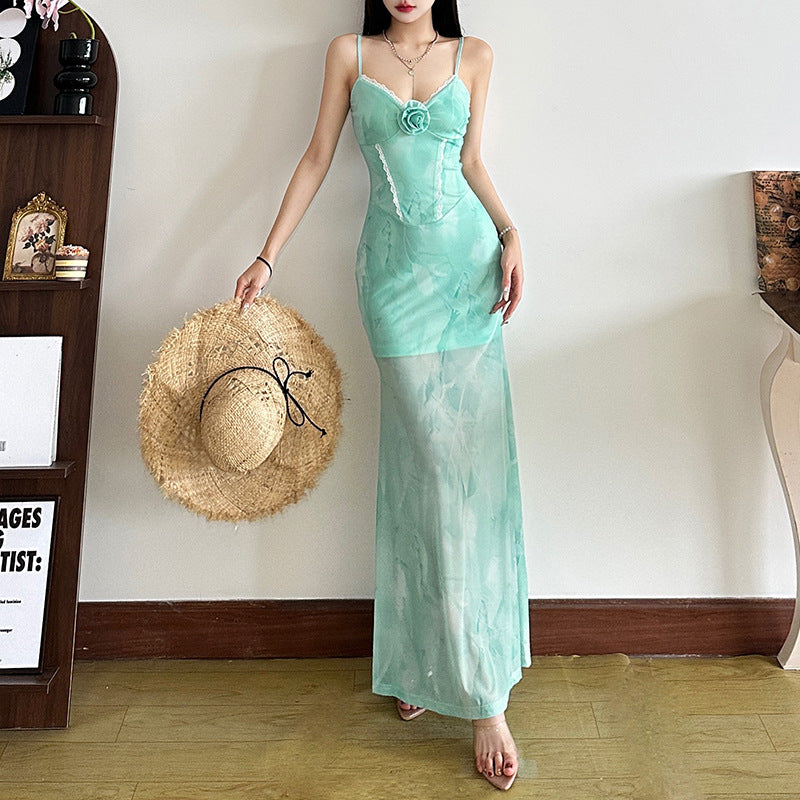 Spring Summer Women Clothing French Vacation Printed Suspender Sexy Backless Slim Fit Waist Dress Women