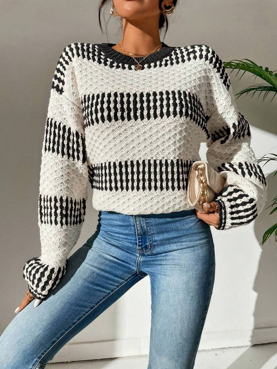 Women Clothing Autumn Winter Casual Loose Sweater Contrast Color Striped Stitching Sweater