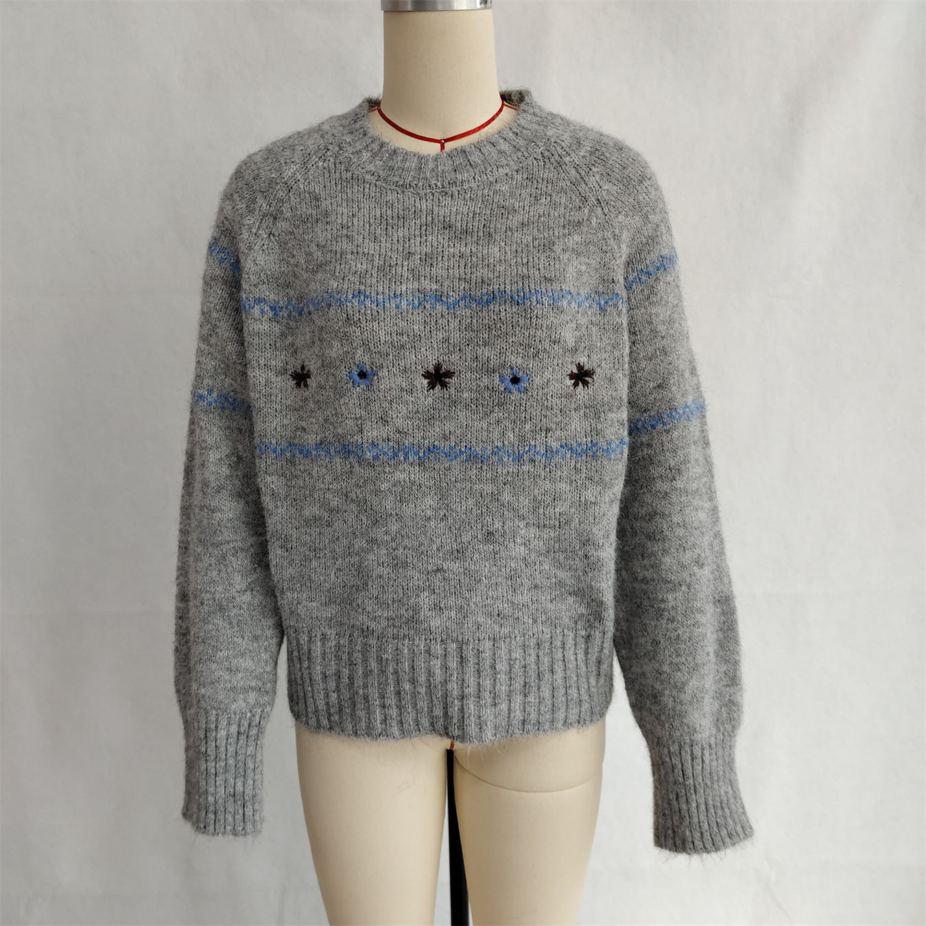 Autumn Winter Clear Cute Floral Embroidery Contrast Color Knitted Pullover Casual Loose Sweater