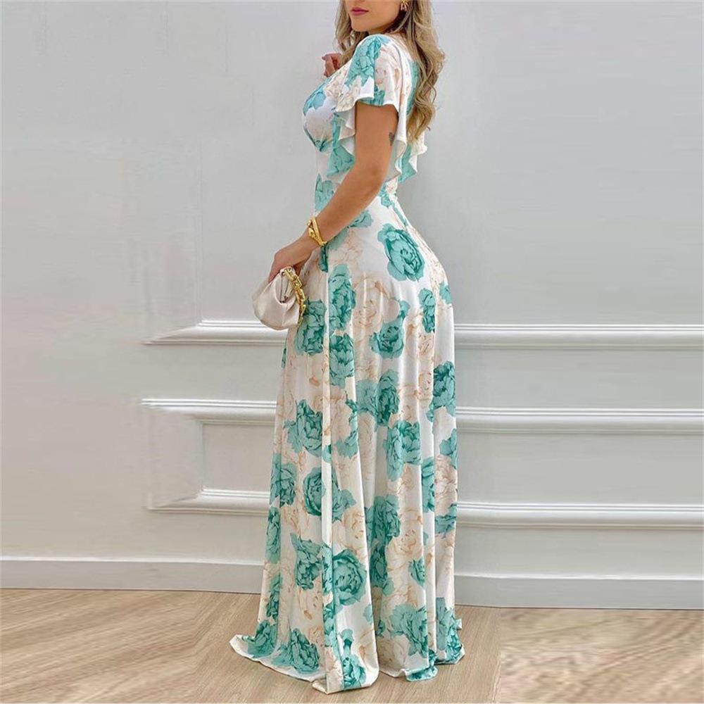 Arrival Women Clothing Summer Office V neck Waist Trimming Printing Large Swing Dress