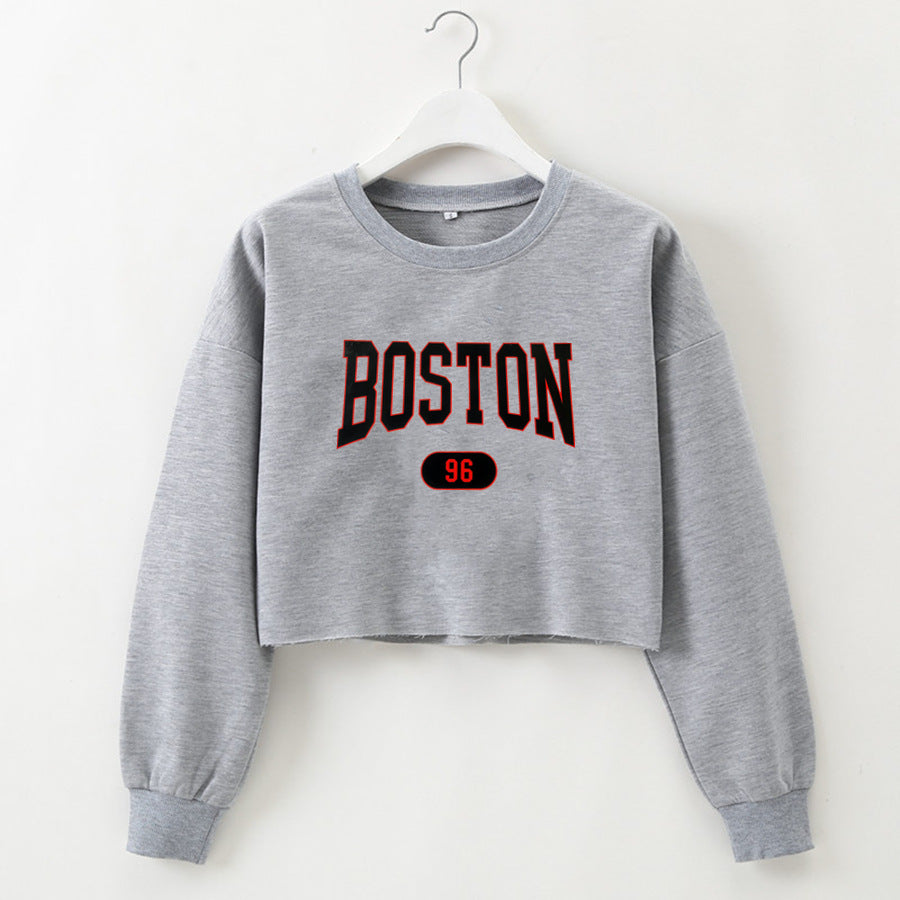 Women Clothing Autumn Winter Boston Letter Graphic Printing Cropped Long Sleeves Sweatshirt Women
