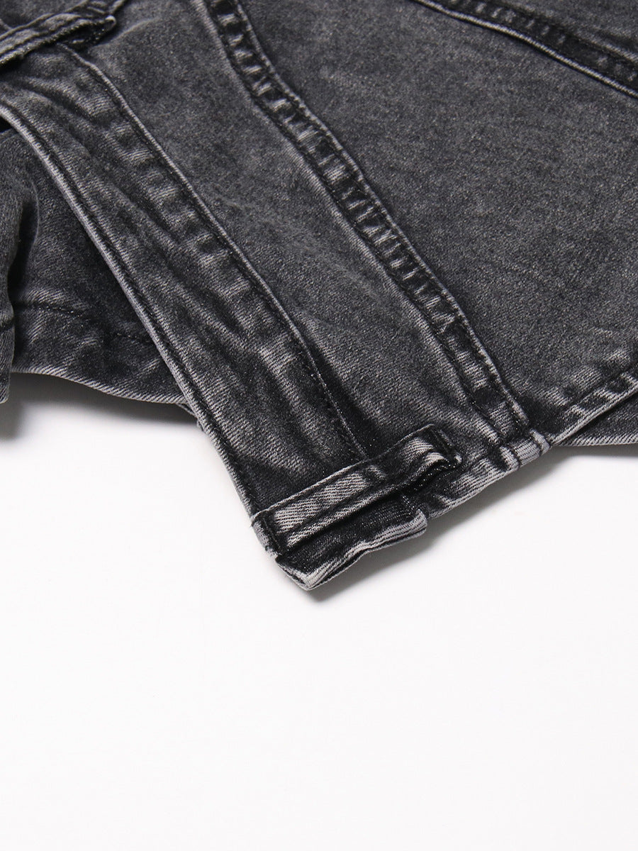 Personality Street Denim Stitching Shorts Autumn High Waist Irregular Asymmetric Washed Worn Jeans Women