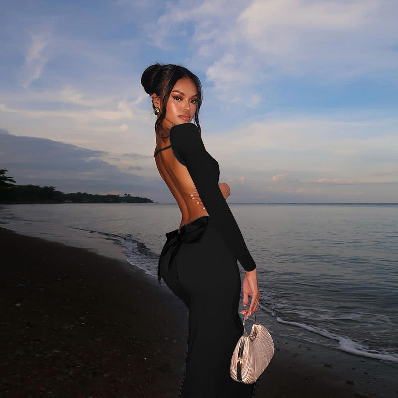 Autumn Holiday Sexy Long Sleeve Backless Bow Slim Fit Dress Women