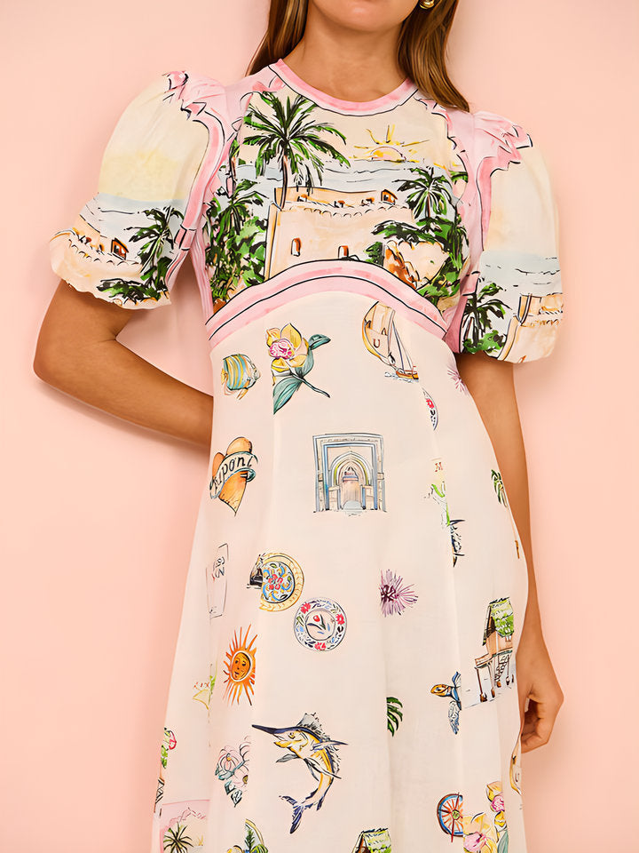 Summer Casual Printed Cotton Linen Round Neck Short Sleeve Dress Women Amplified craft