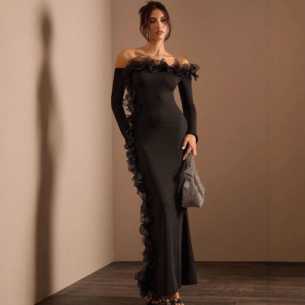 Off Shoulder Irregular Asymmetric Ruffled Trim Long Sleeve Women Dress Maxi Dress Autumn Winter Women Clothing