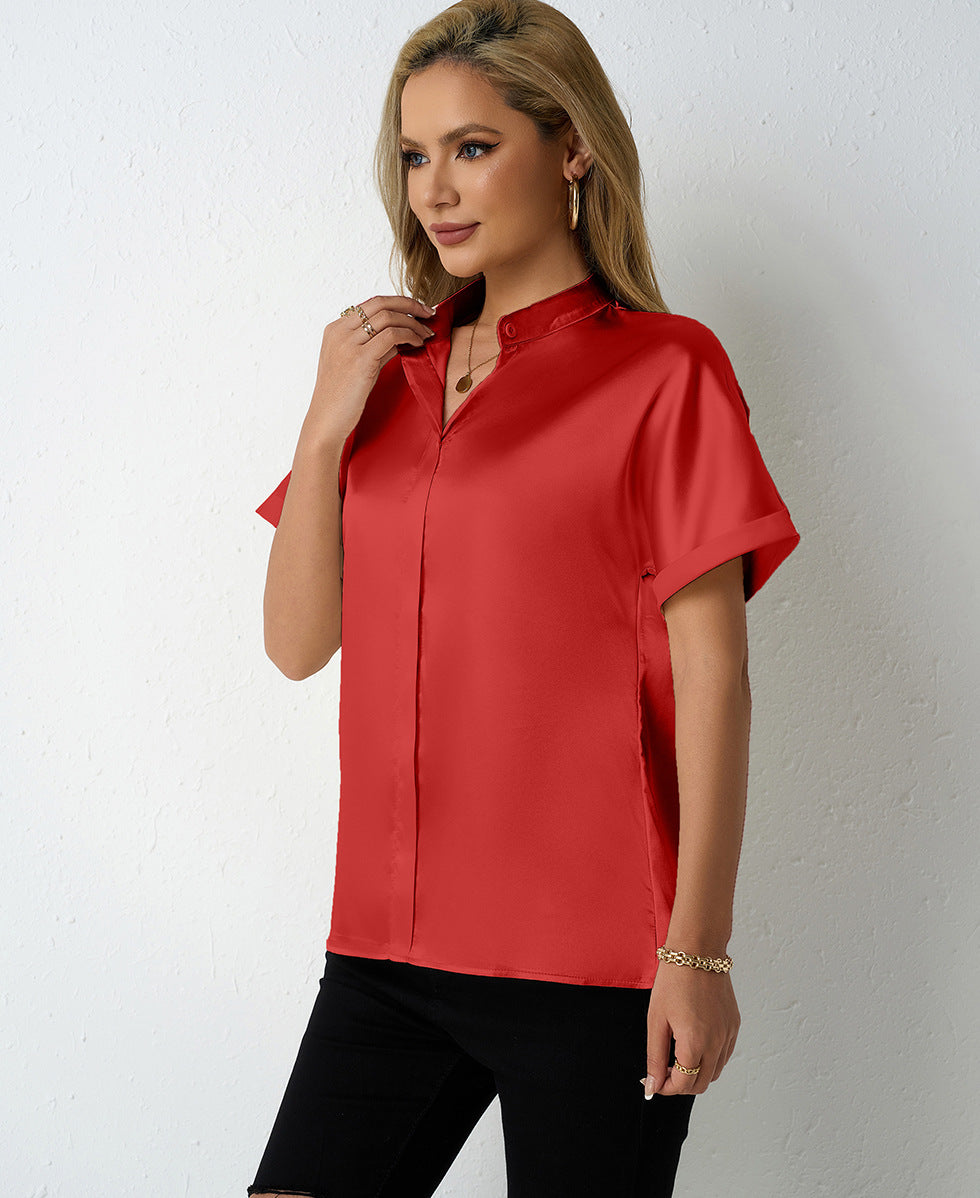 Solid Color Satin Women Clothing with Shoulder Stand Collar Short Sleeve Shirt Satin Shirt