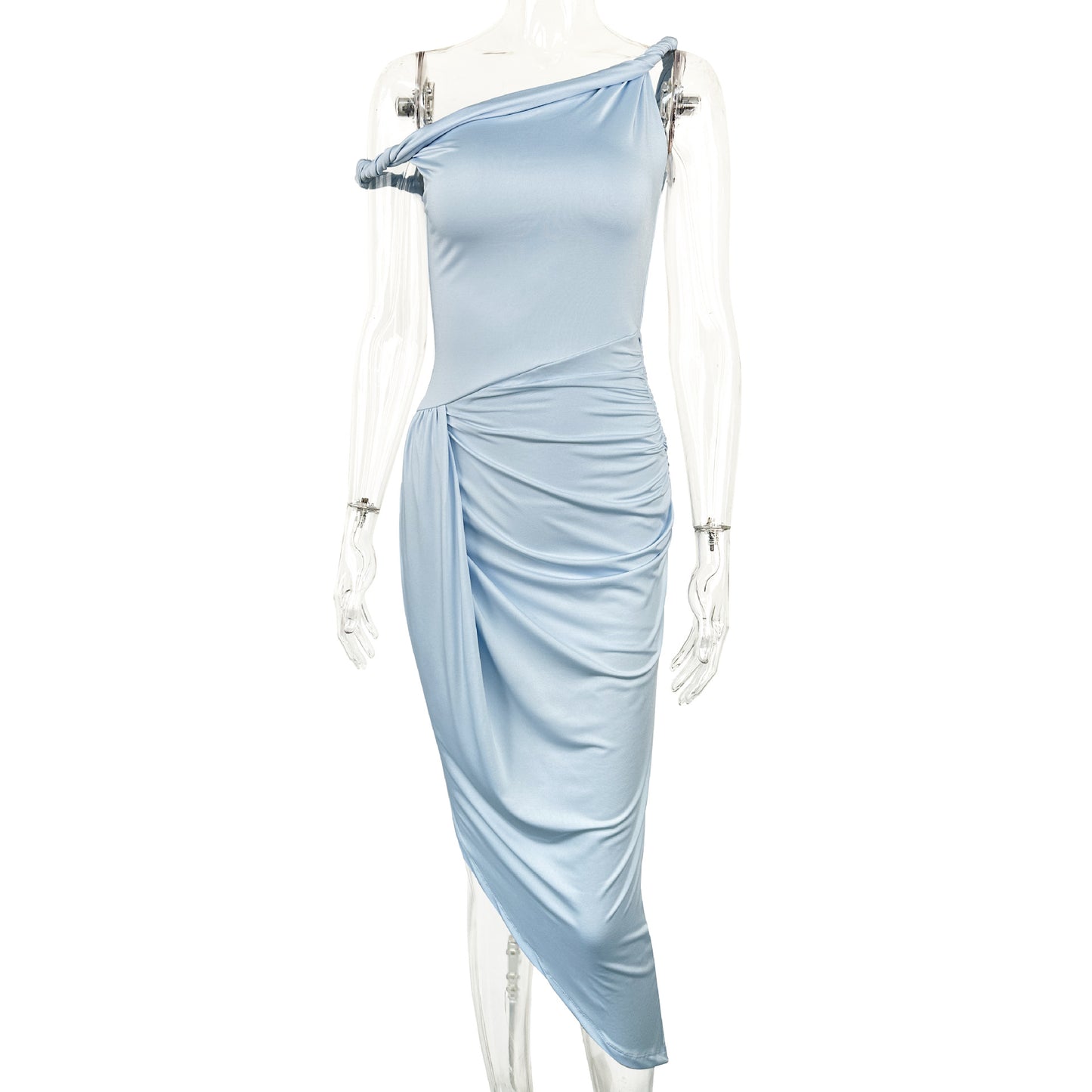 Product Diagonal Collar Sling Women Clothing Dress Sexy Pleated Slim Irregular Asymmetric Hem Dress