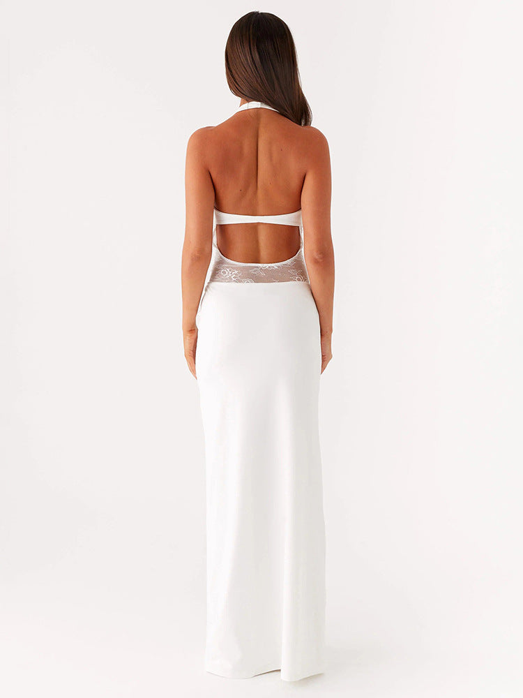 Women Clothing Sleeveless Backless U Collar Lace Slim Fit Patchwork Halter Maxi Dress