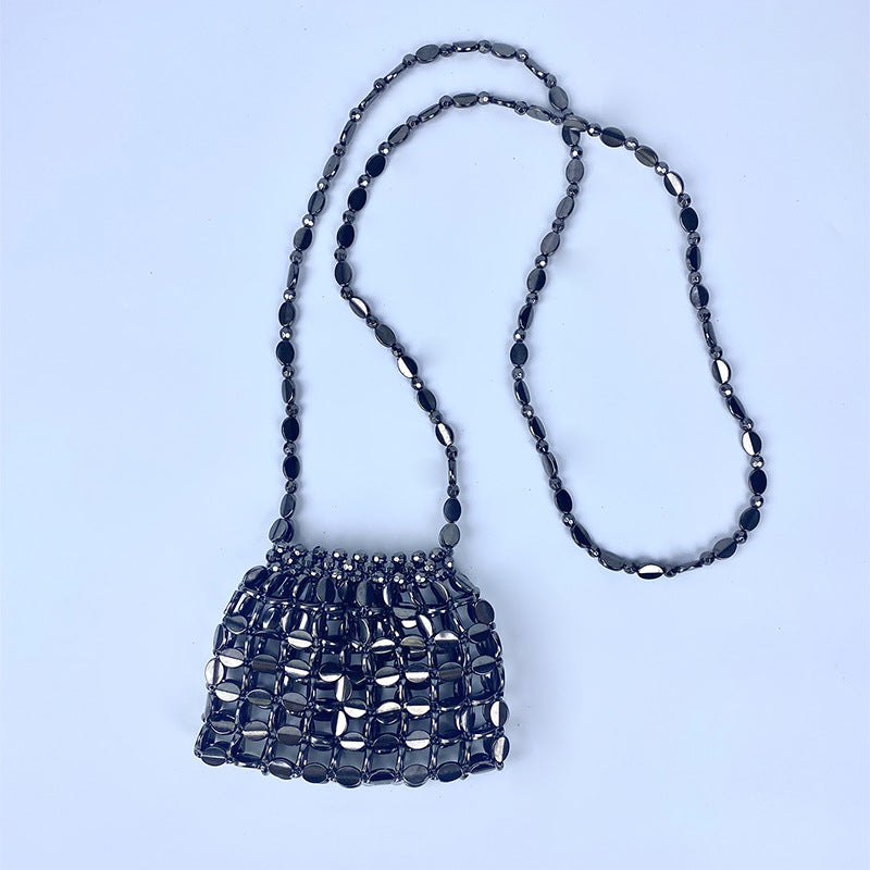 Shiny Retro Sequin Bag Hand Woven Sequin Beaded Acrylic Phone Bag Shoulder Bag