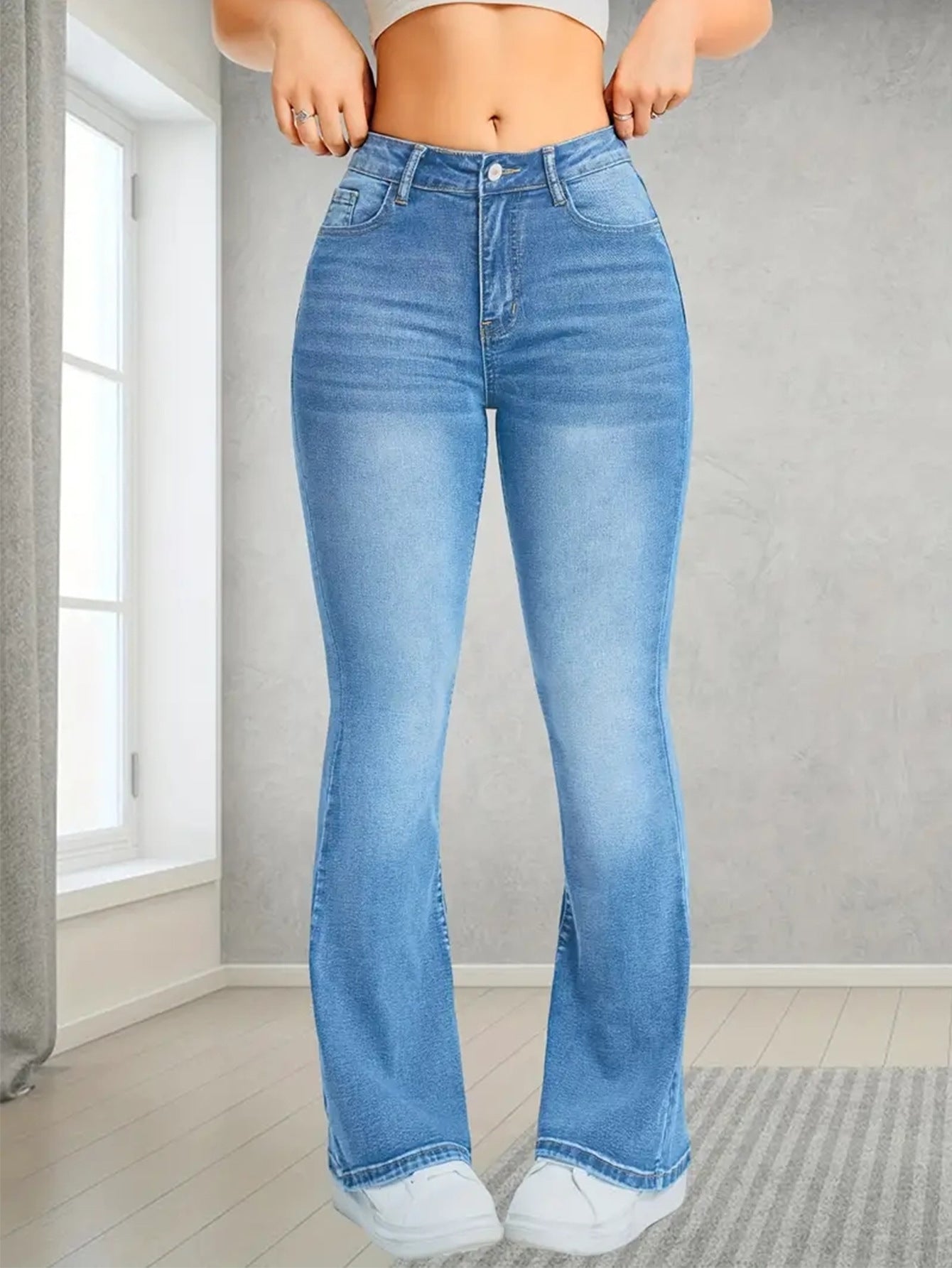 Women Jeans Stretch Multi Craft Pocket Design Loose Flared Pants Slim Fit Light Blue Trousers
