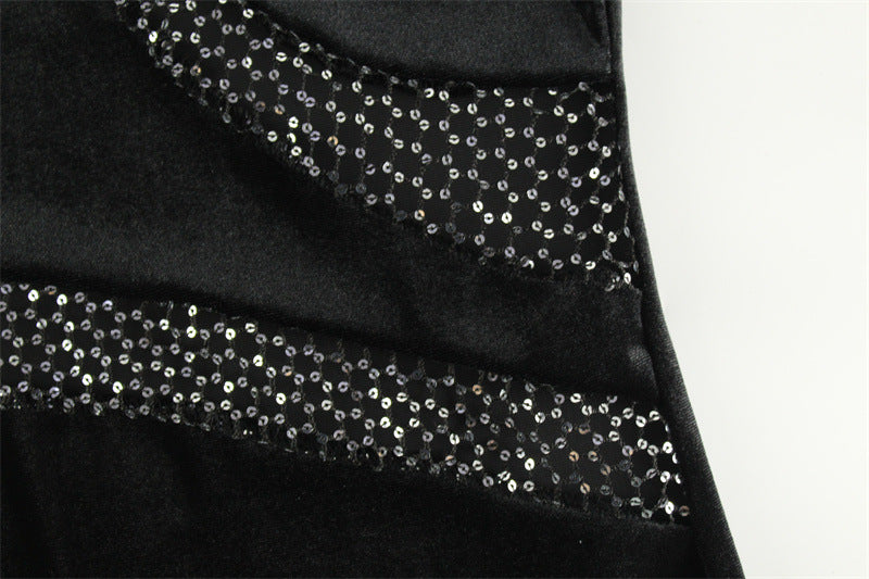 Women Clothing Fashionable Sequ Stitching Shoulder Diagonal Collar Dress Formal Dress