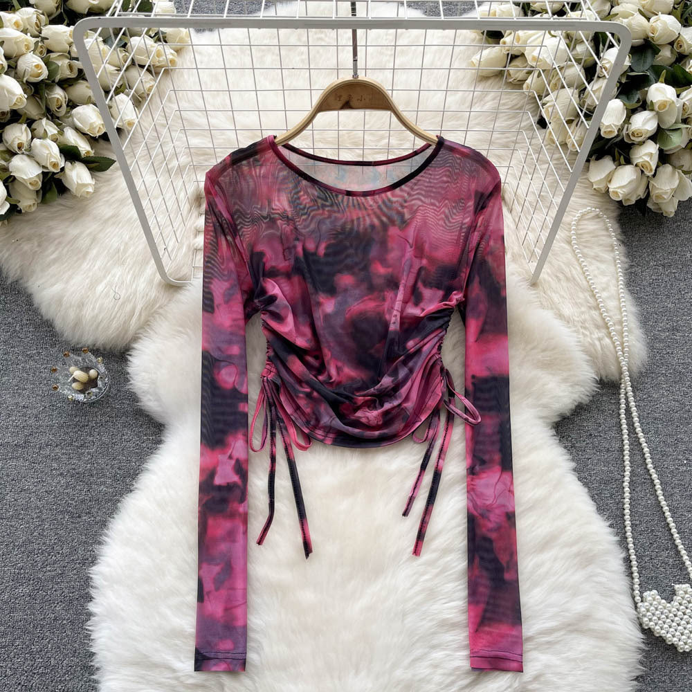 French Retro Minority Design Tie Dyed Drawstring Crew Neck T Shirt Top Fall Women Clothing Long Sleeve Slim Bottoming Shirt