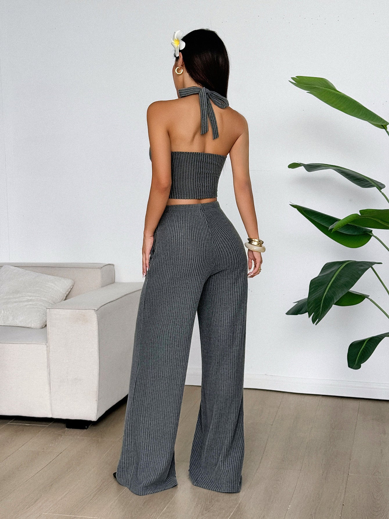 Sexy Halterneck Vest Solid Color Straight Leg Pants Two Piece Sets Women Clothing Spring Summer