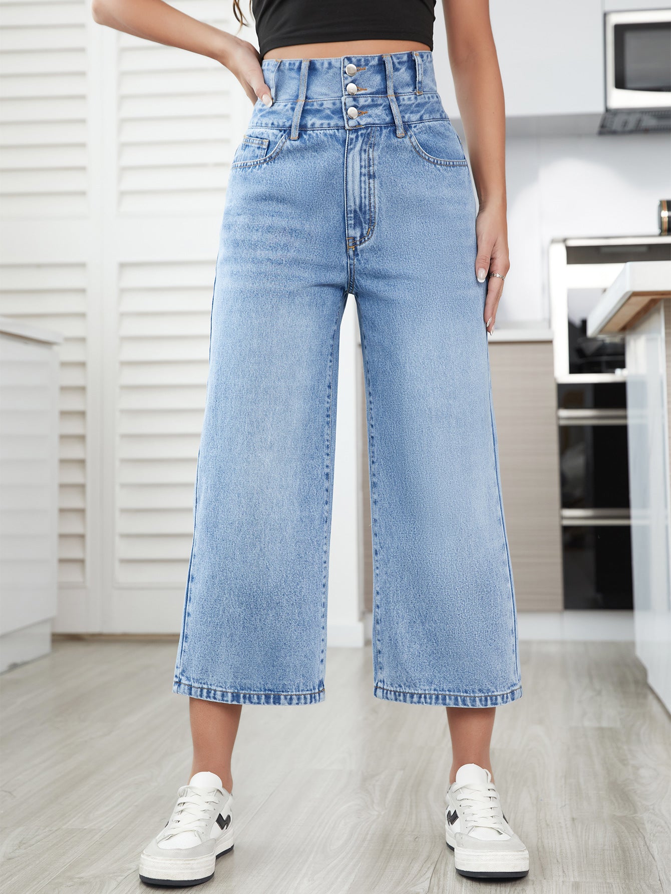 Denim Pants Women Straight High Waist Cropped Pants