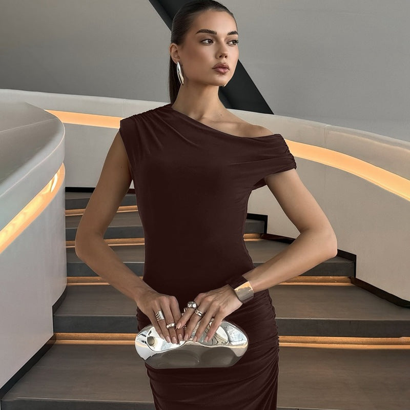 Women Clothing Summer Pleated Waist Tight Slimming Shoulder Hollow Out Cutout Sexy Solid Color Dress
