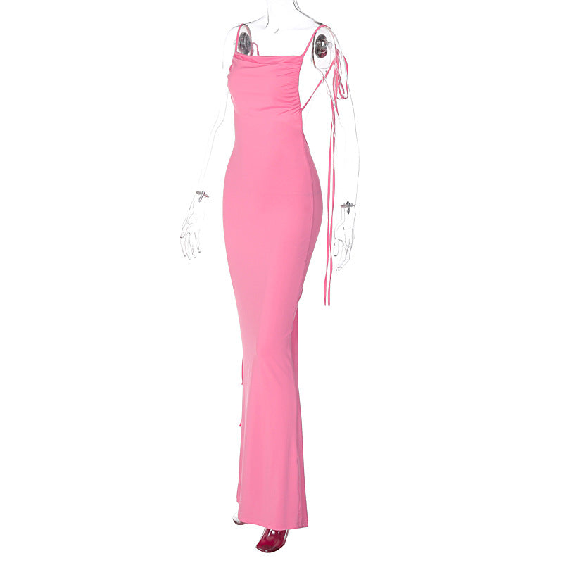 Solid Color Sexy Backless Pleated Long Elegant Slim Strap Dress for Women