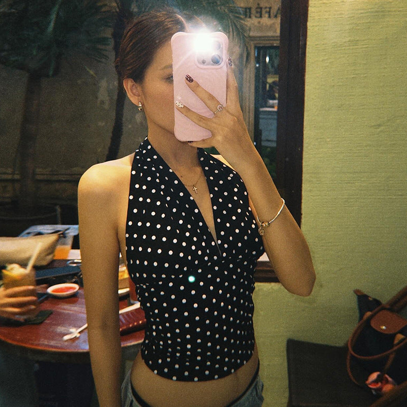 Summer Women Clothes Polka Dot Halterneck Vest Women Sports Slim All Matching Straight Pants