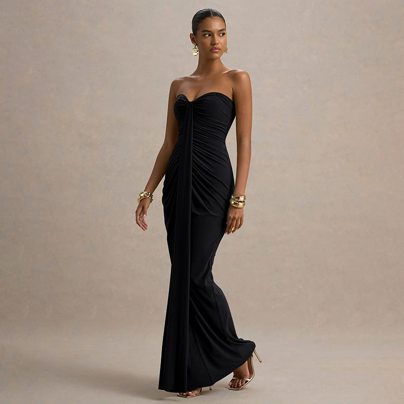 Women Clothing Autumn Arrival Solid Color Slim Fit Sweetheart Pleated Wrap Sleeveless Sleeve Length Dress