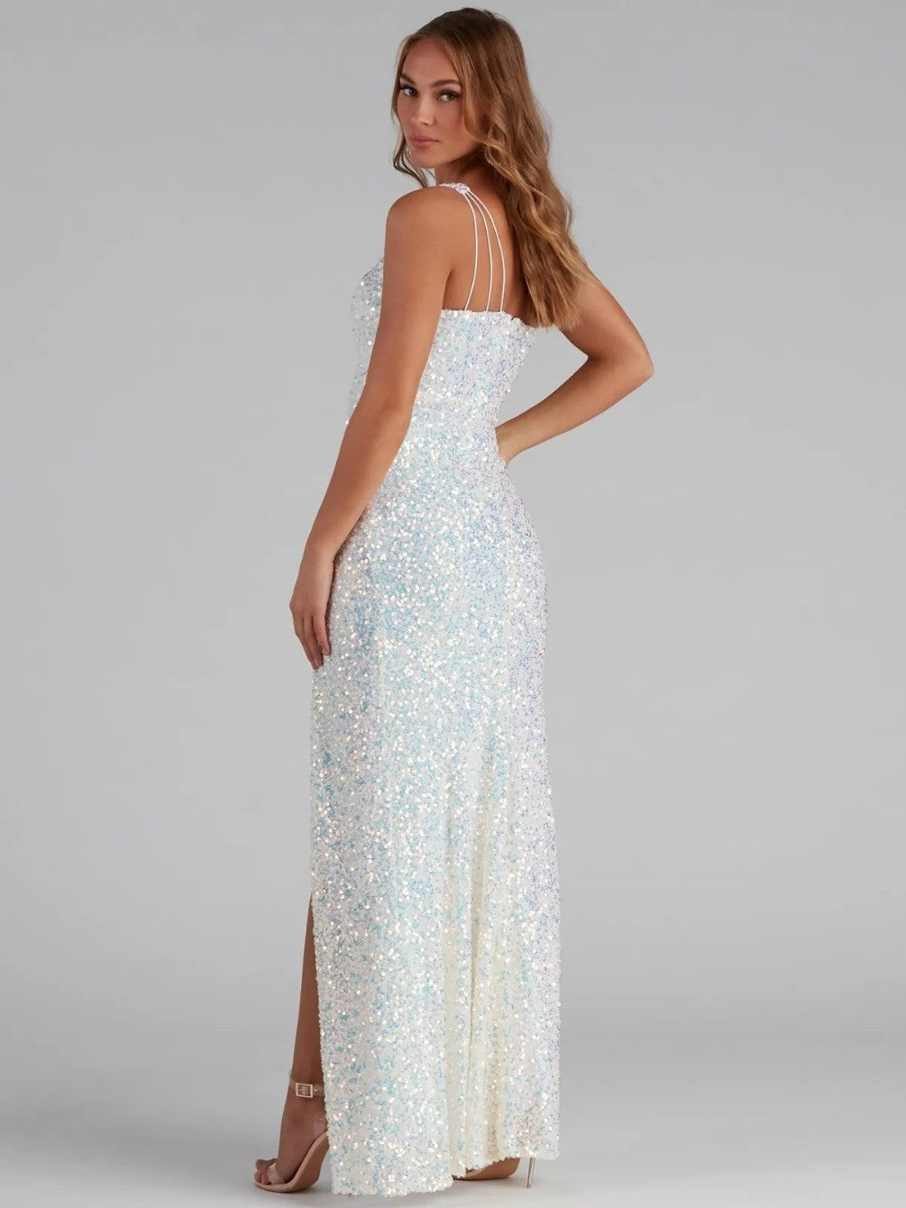 Sequined Sleeveless Slit Shoulder Belt Tight Party Dress