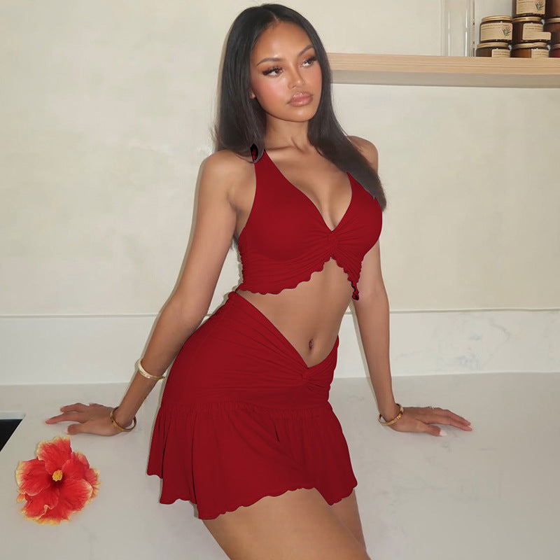 Women Clothing Summer Sexy Twisted Lace up Vest Slim Skirt Set