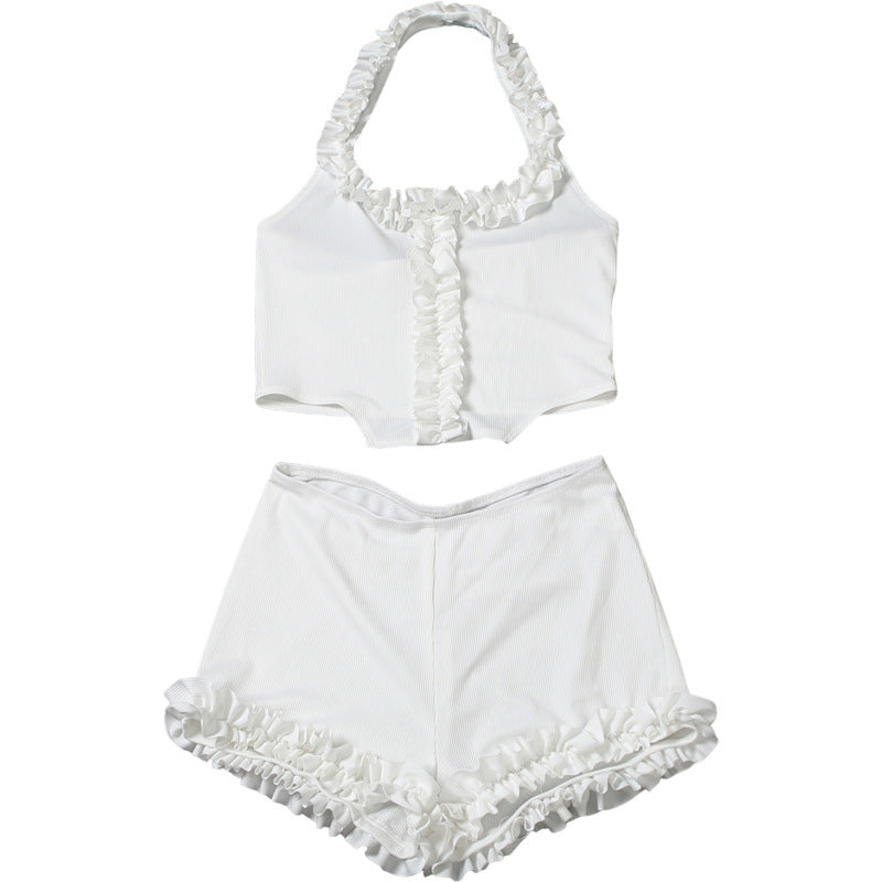 Spring Summer Women Clothing Solid Color Sexy Ruffles Halterneck Vest Slim Fit Base Shorts Two Piece Set