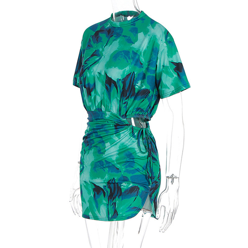 Summer Elegant Tie Dyed Pleated Slim Fit Sheath Dress Women Clothing