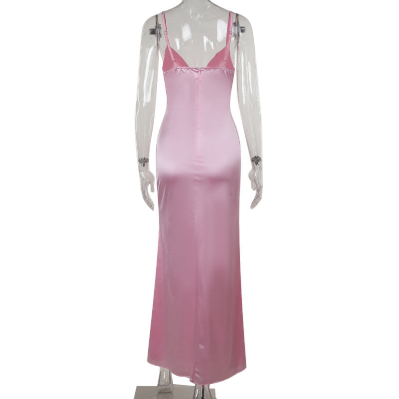 Autumn Slit Elegant Sexy Slim Drill Chain Strap Dress for Women