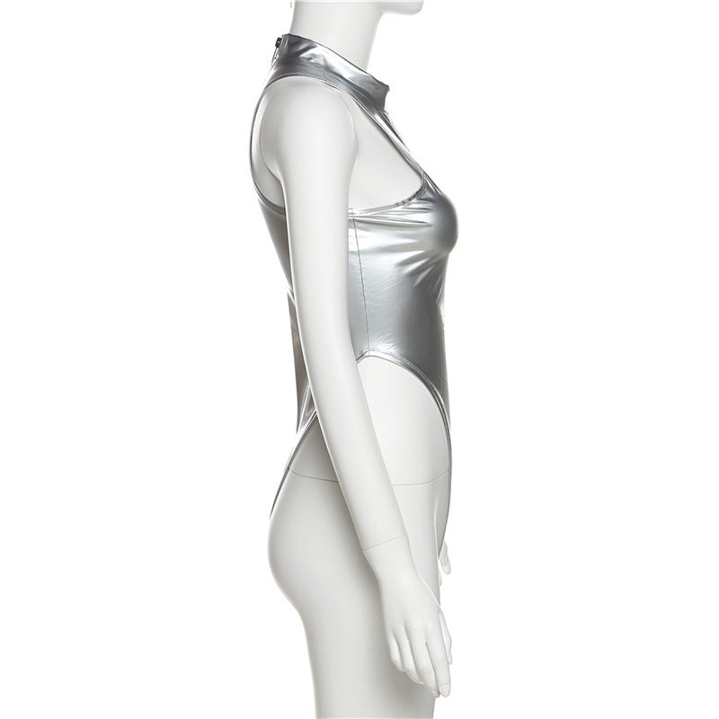 Metallic Coated Fabric Spring Summer Women Slim Fit High Waist Round Neck Sleeveless Reflective Jumpsuit